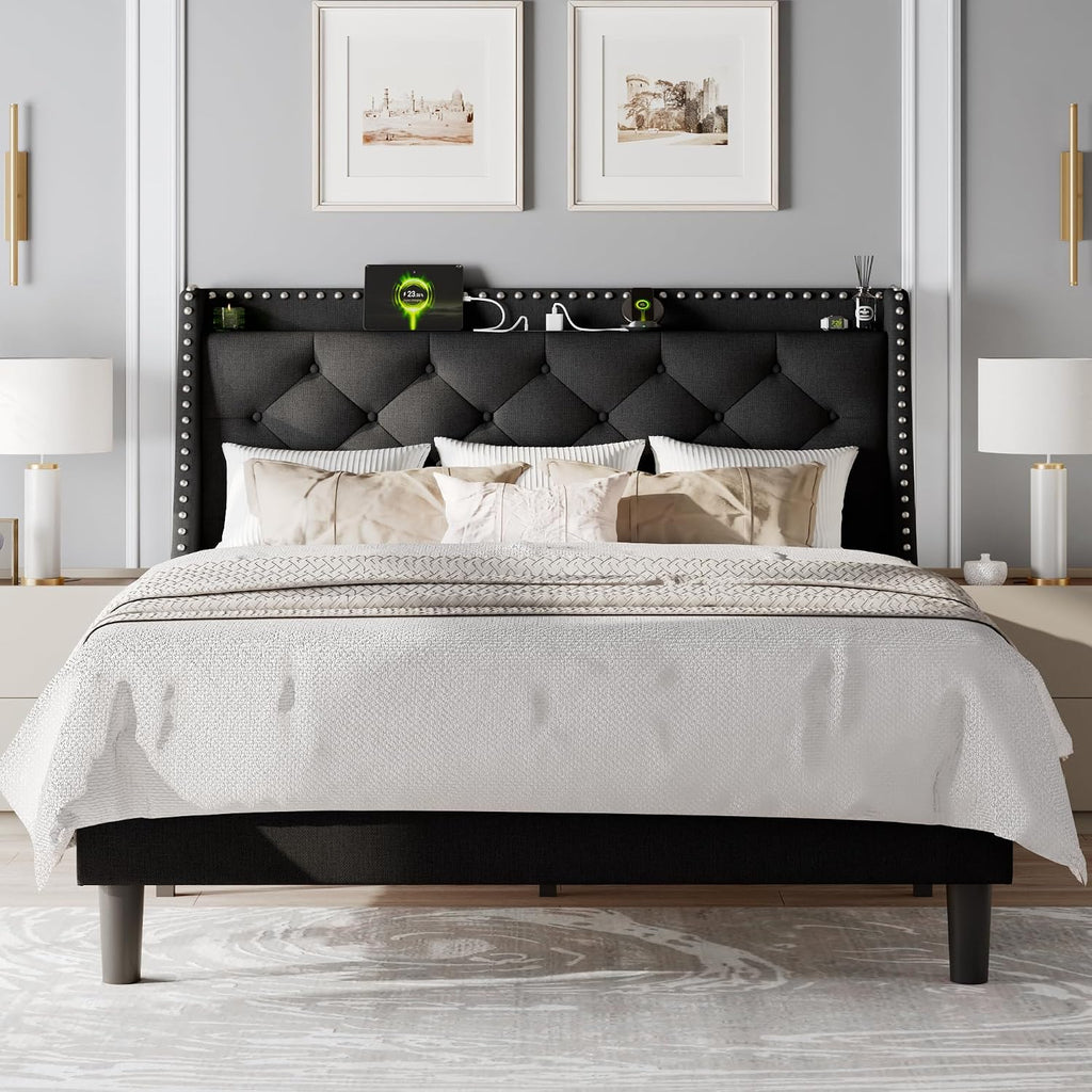 Feonase Full Size Bed Frame with Luxury Wingback and Fast Charging Station,Full Upholstered Button Tufted Storage Headboard Platform Bed,Sturdy Wooden Slats Support,Noise-Free,Easy Assembly,Black