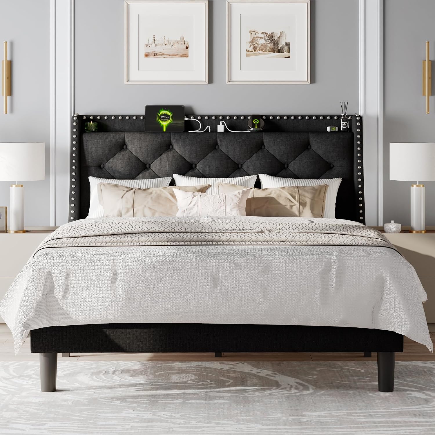 Feonase Full Size Bed Frame with Luxury Wingback and Fast Charging Station,Full Upholstered Button Tufted Storage Headboard Platform Bed,Sturdy Wooden Slats Support,Noise-Free,Easy Assembly,Black