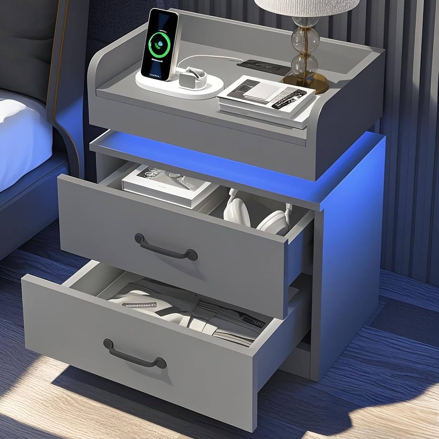 4ever2buy Grey Nightstand Set of 2 with Charging Station and LED Lights Modern Bedside Tables with 2 Drawers for Bedroom