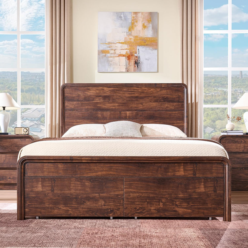 Aitjunz Modern Queen Size Bed Frame with 50' Tall Headboard, Wood Queen Size Platform Bed Frame w/3 Storage Drawers, Curved Profile Design, Wood & Steel Platform Bed, No Box Spring Needed, Dark Walnut