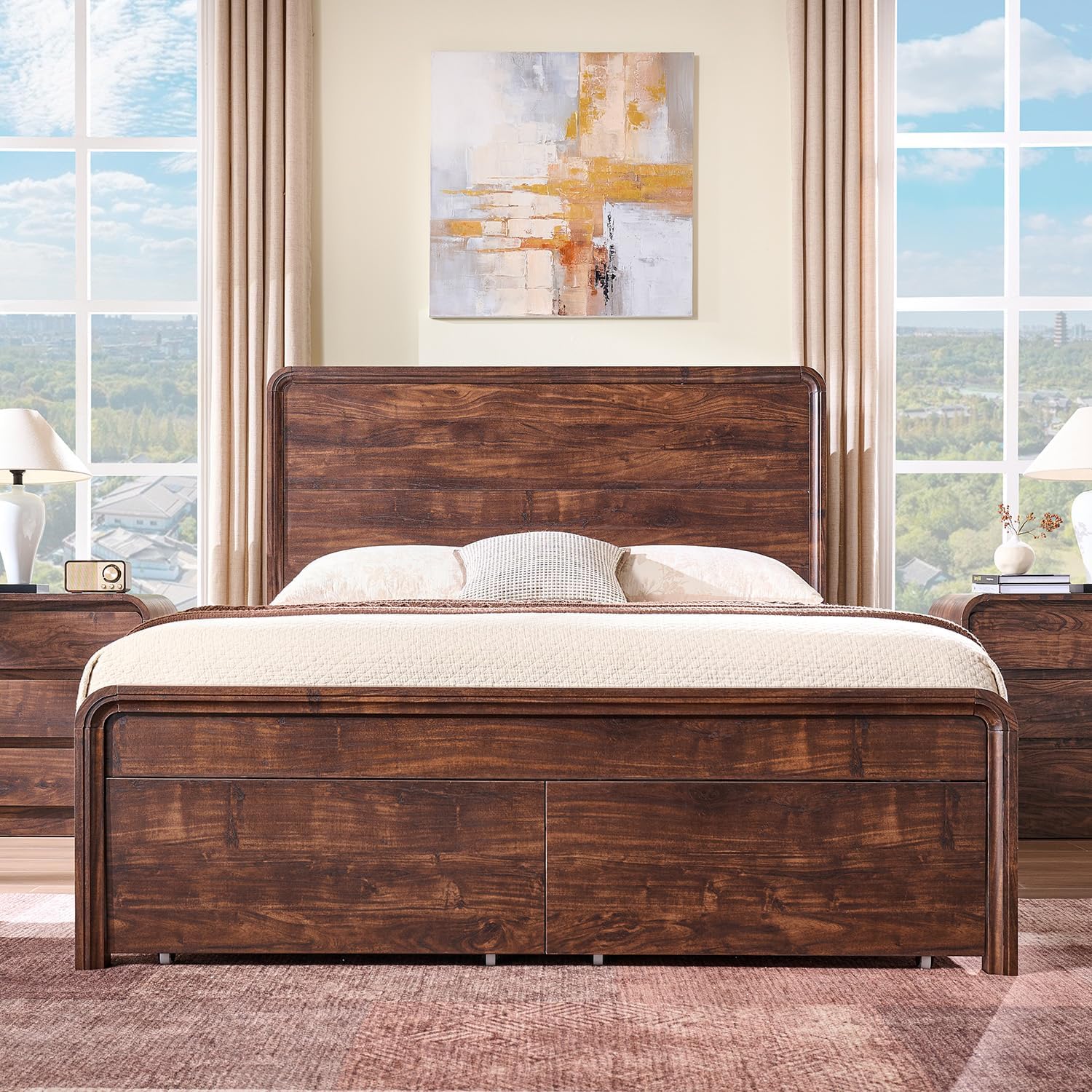 Aitjunz Modern Queen Size Bed Frame with 50' Tall Headboard, Wood Queen Size Platform Bed Frame w/3 Storage Drawers, Curved Profile Design, Wood & Steel Platform Bed, No Box Spring Needed, Dark Walnut