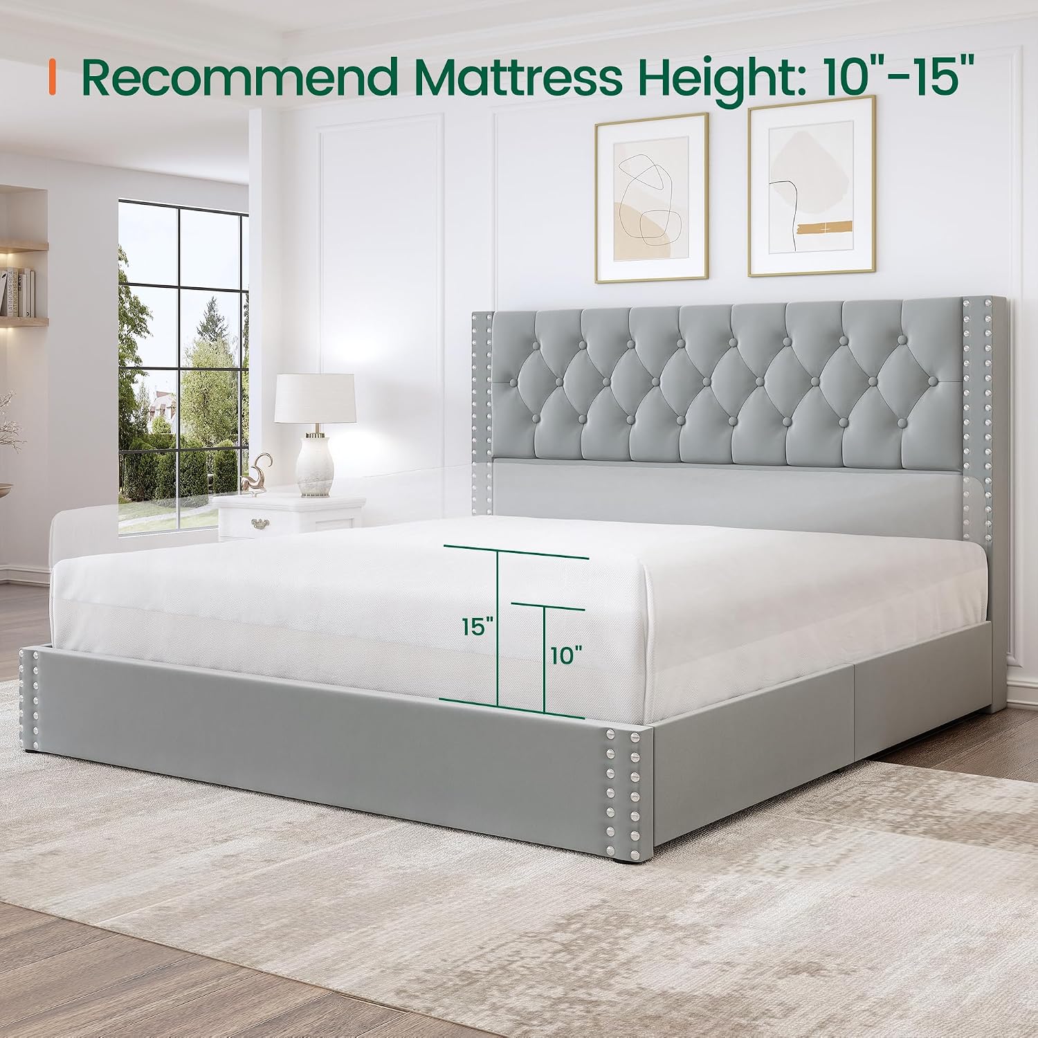 LARMACE King Size Bed Frame with 4 Storage Drawers and Tufted Headboard Velvet Upholstered Platform Bed Frame with Heavy Duty Wood Slats,No Box Spring Needed,Easy Assembly,Bluish Grey
