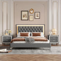 Flieks Bedroom Sets, 3-Pieces Bedroom Sets, Queen Size Upholstered Platform Bed with LED Lights and 2 Nightstands, Gray