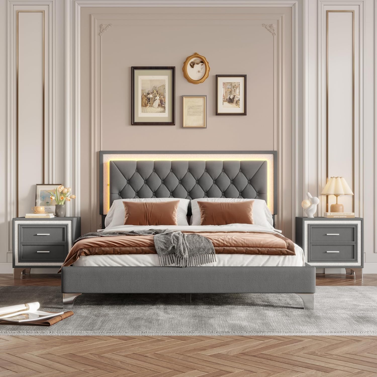 Harper & Bright Designs 3-Pieces Bedroom Sets, Queen Size Upholstered Platform Bed with 2 Nightstands and LED Lights (Grey 3-Pieces)
