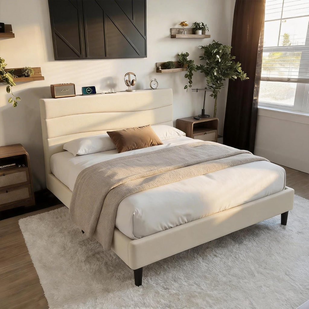 EnHomee Twin Size Bed Frame with Adjustable Height Upholstered Headboard, 3 USB Charging Ports, Noise-Free Platform Bed, No Box Spring Needed, Beige