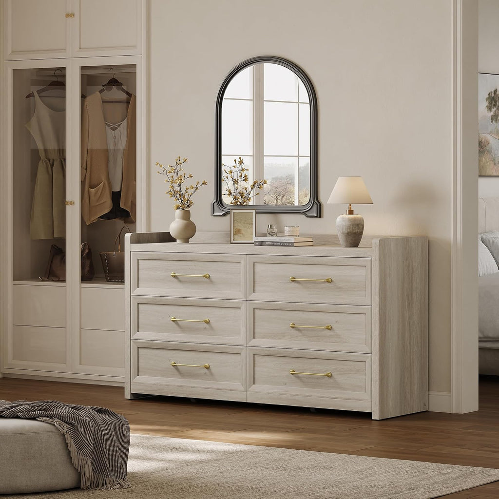 SICOTAS 6 Drawer Dresser for Bedroom-112.8' Extra-Wide Wooden Chest of Drawers with Large Storage, Long Dresser TV Stand with Drawers, Farmhouse Closet Dressers for Nursery, Grey White Oak, 2PCS