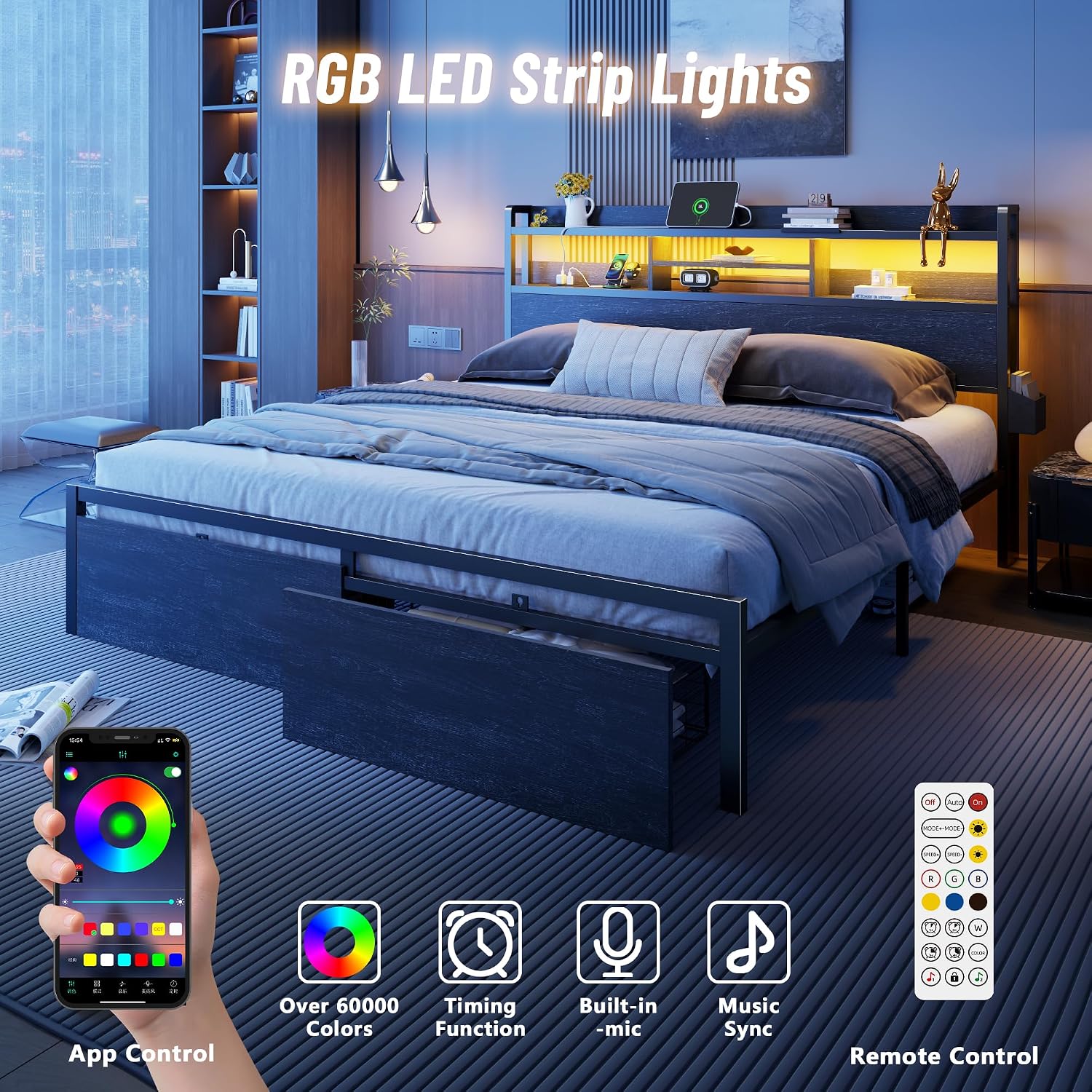 Furnulem King Bed Frame with Wood Headboard & Storage Drawers, Metal Platform Bed Frames King Size with LED Lights, Built in Charging Station, No Box Spring Needed, No Noise, Easy Assembly, Black