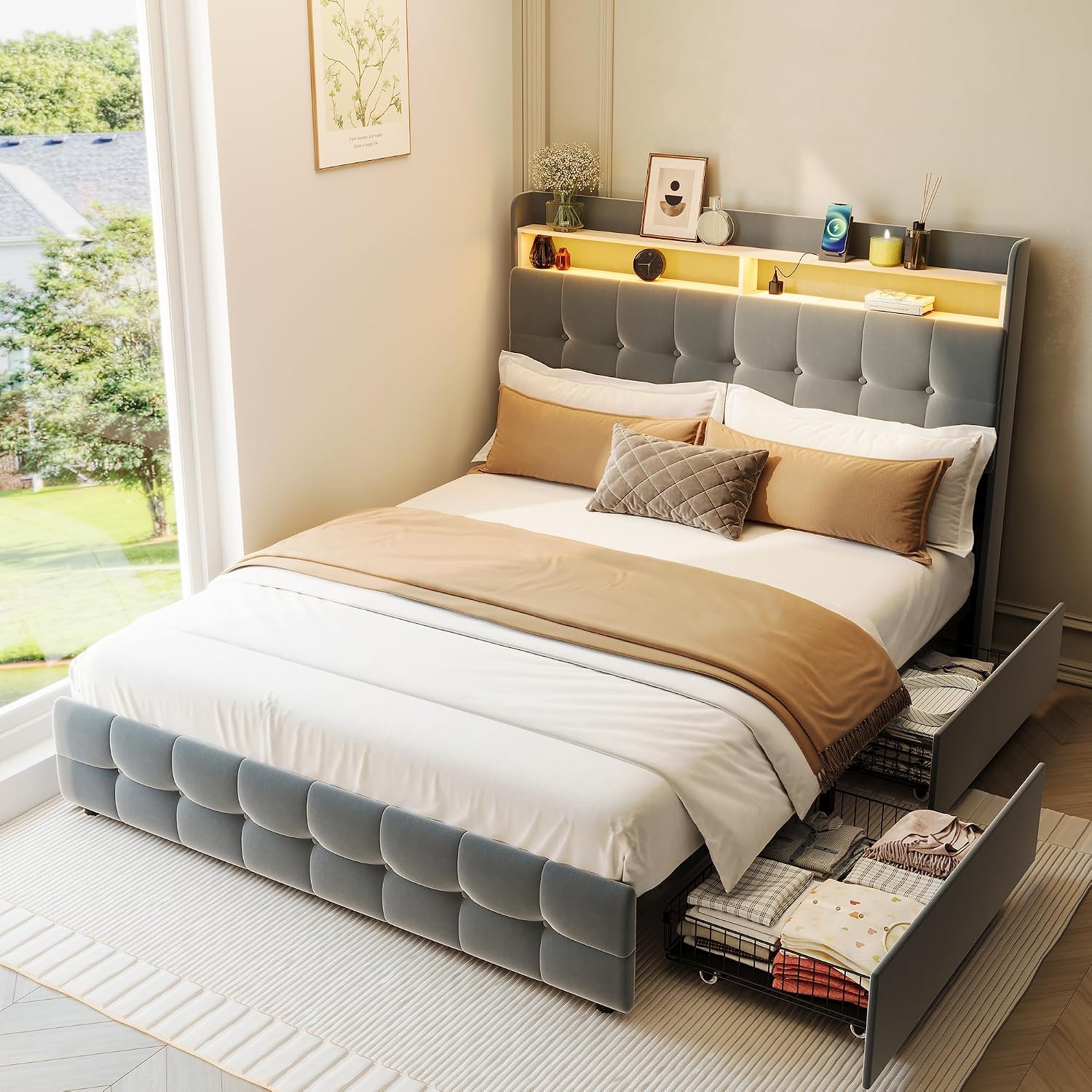 Garvee Queen Size Bed Frame with 2 Storage Drawers, Upholstered Bed Frame Queen with LED Light, Double-Layer Bedside Headboard with Charging Socket and USB Port, Soft Plush Fabric, Grey