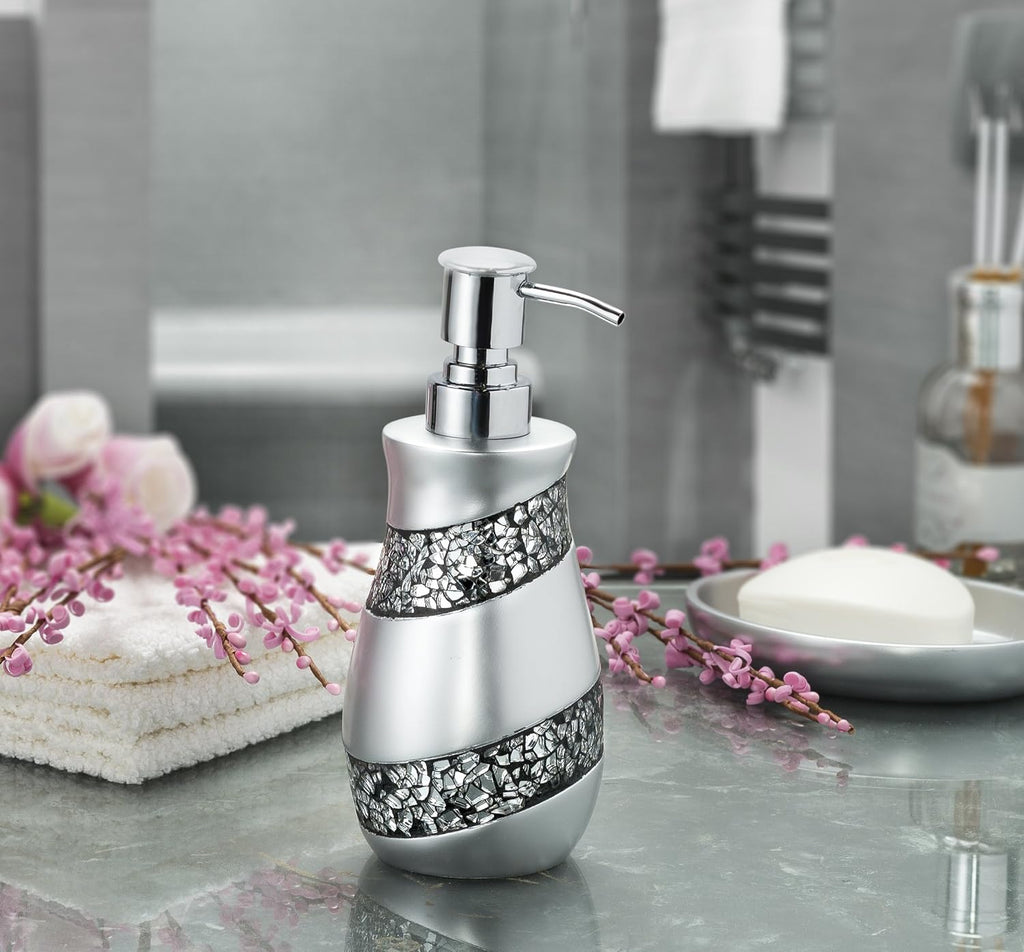 Creative Scents Silver Mosaic Bathroom Accessories Set Complete - 6 Piece Bathroom Set Includes: Bathroom Trash Can, Tissue Cover, Soap Dispenser, Toothbrush Holder, Tumbler & Soap Dish