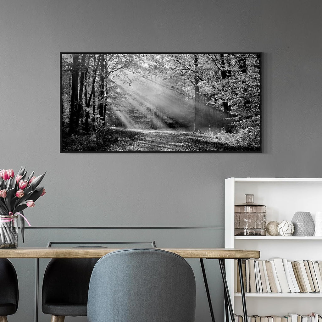 Landscape Canvas Framed Wall Art - Black White Sunset Forest Picture Woodland Painting Nature Tree Scenery Artwork Prints for Bedroom Living Room