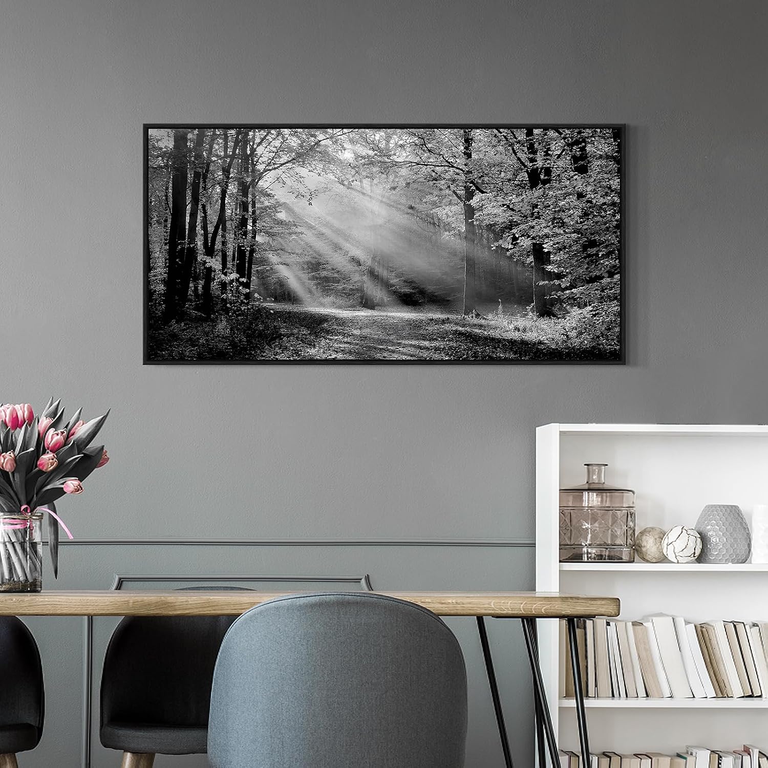 Landscape Canvas Framed Wall Art - Black White Sunset Forest Picture Woodland Painting Nature Tree Scenery Artwork Prints for Bedroom Living Room