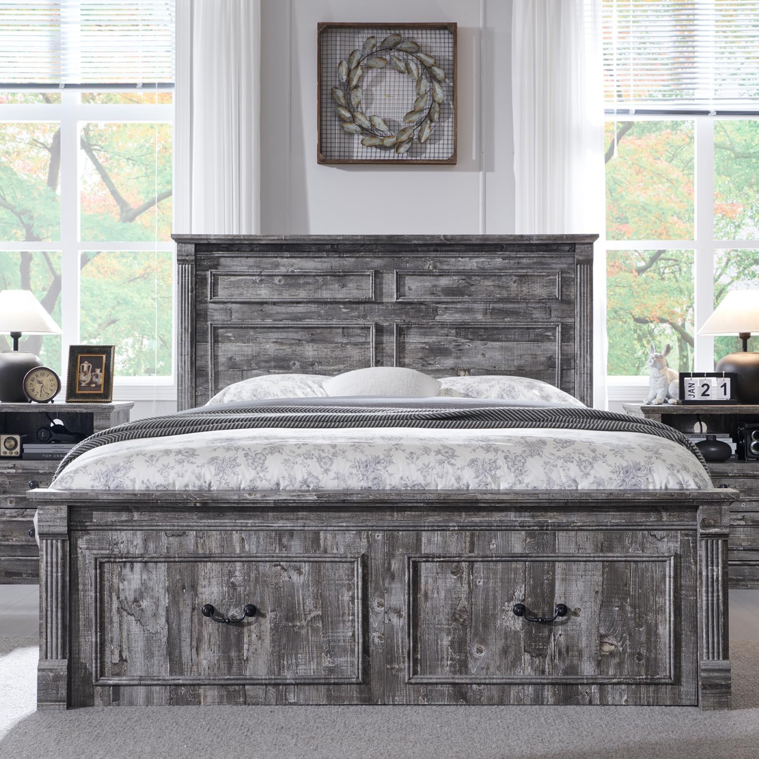Aitjunz Farmhouse Queen Size Bed Frame with 51' Tall Headboard, Wood Platform Bed Frame with 20' Tall Roman Column Decoration Footboard & 2 Large Storage Drawers, No Box Spring Needed (Light Grey)