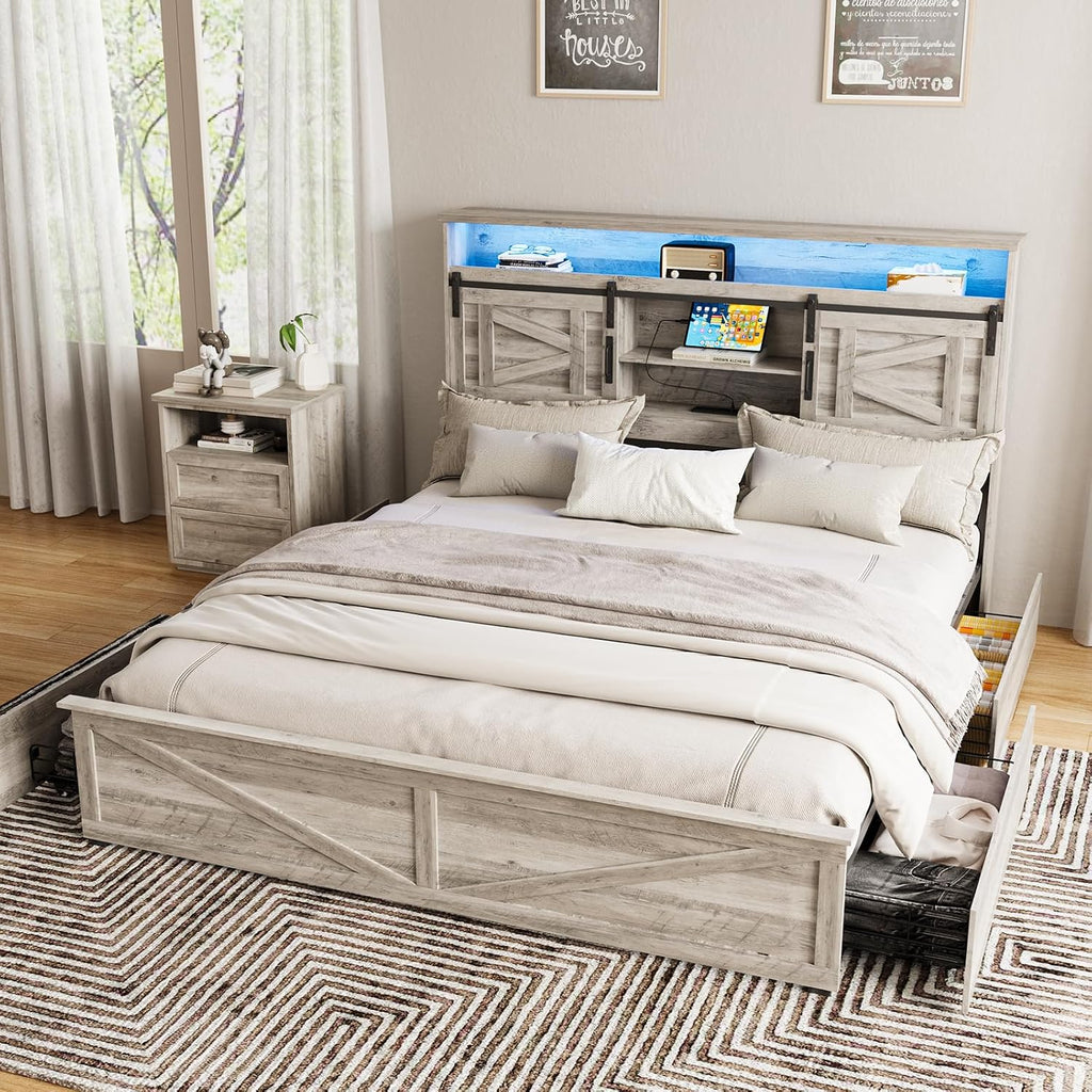 Fameill Farmhouse King Size Bed Frame with 4 Drawers and Bookcase Headboard, Sliding Barn Door Storage Shelves, LED Lights and Charging Station, No Box Spring Needed, Grey