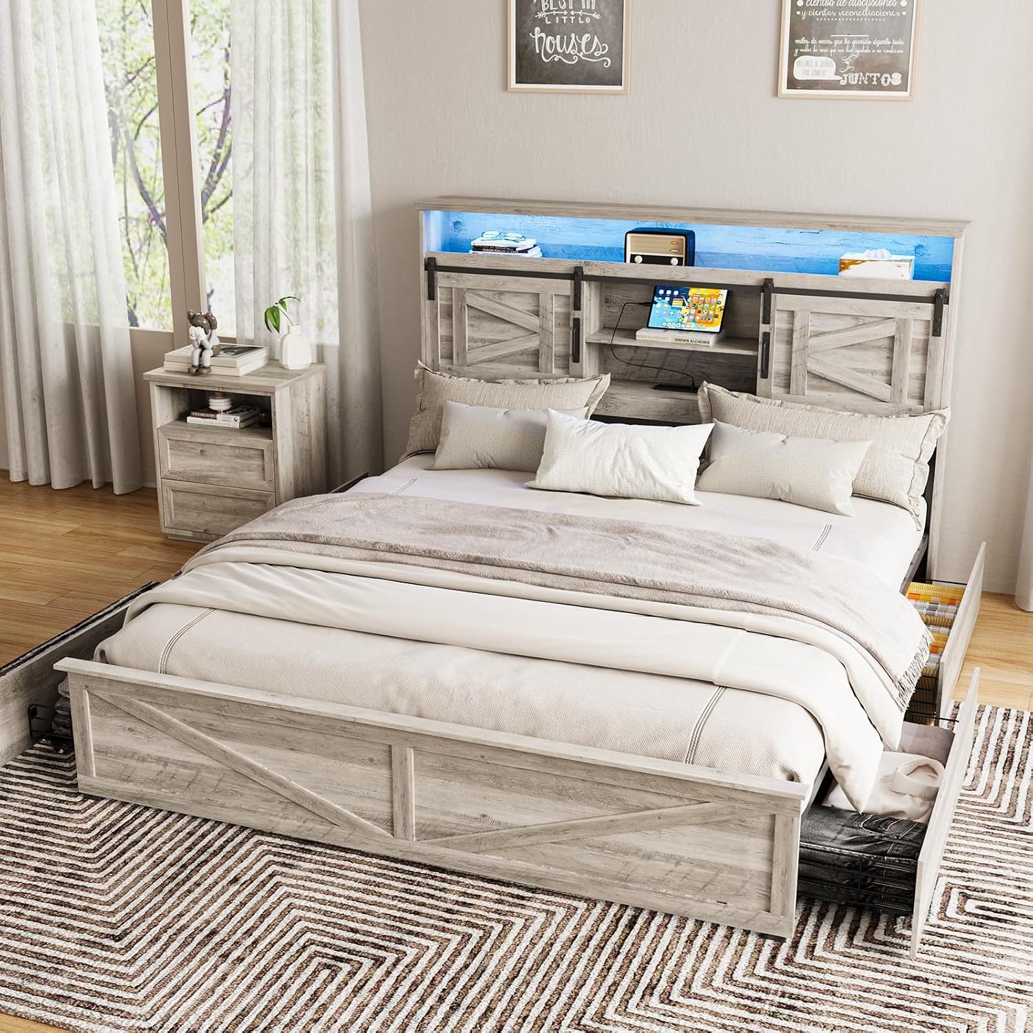 Fameill Farmhouse King Size Bed Frame with 4 Drawers and Bookcase Headboard, Sliding Barn Door Storage Shelves, LED Lights and Charging Station, No Box Spring Needed, Grey
