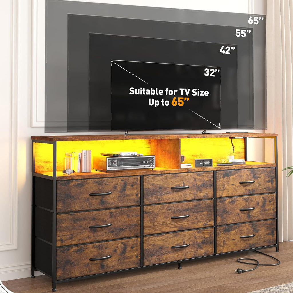 EnHomee 55' W Dresser for Bedroom with Charging Station & LED, 65/55 Inch TV Stand with 9 Fabric Drawers, Sturdy Dressers & Chest of Drawers with 2 Wood Storage Open Shelves,Entryway, Rustic Brown