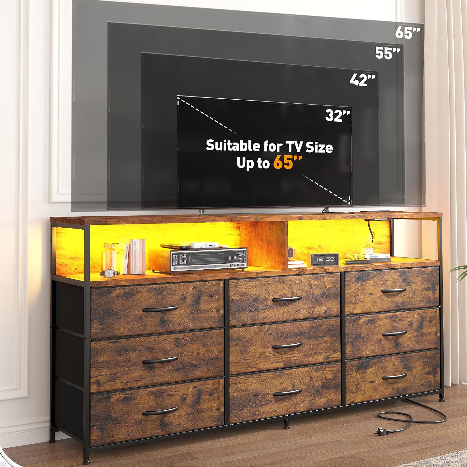 EnHomee 55' W Dresser for Bedroom with Charging Station & LED, 65/55 Inch TV Stand with 9 Fabric Drawers, Sturdy Dressers & Chest of Drawers with 2 Wood Storage Open Shelves,Entryway, Rustic Brown
