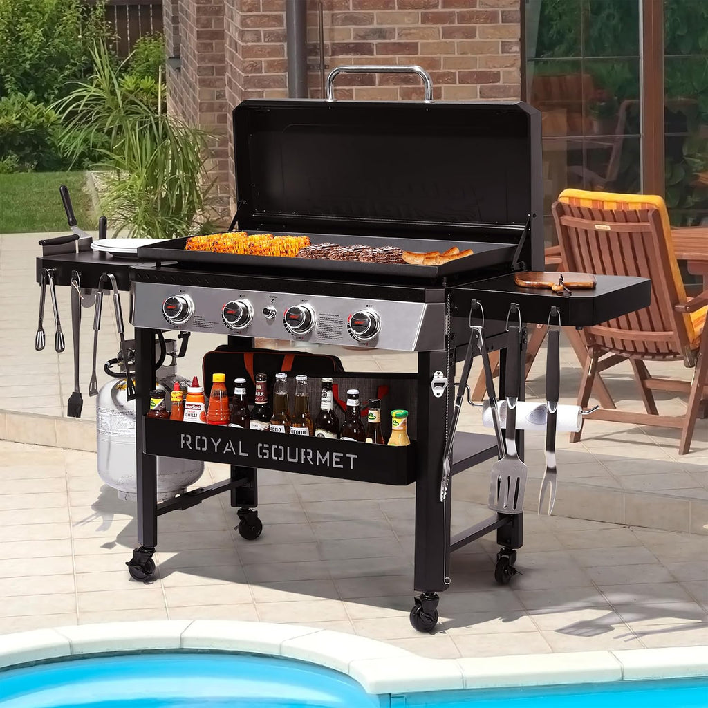Royal Gourmet GB4007P 4 Burner Propane Gas Griddle with Hood, 34-Inch Flat Top Grill with Folding Side Tables for Outdoor Cooking like Camping or Tailgating, Black & Silver