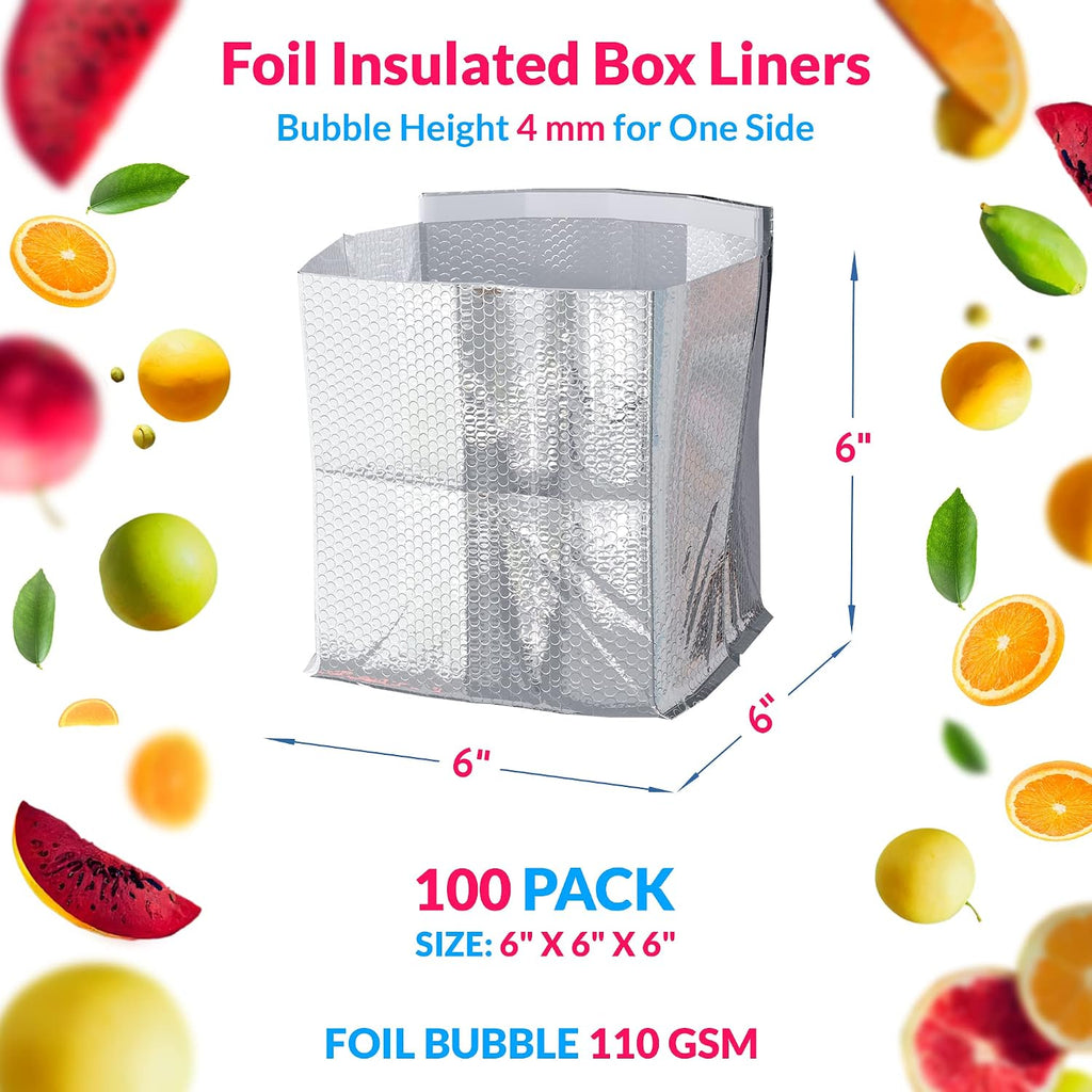ABC PACK & SUPPLY Insulated Box Liners, 6 x 6 x 6 Inch Thermal Shipping Bags, Self Seal Foil Bubble Pouches for Hot and Cold Food Delivery, Leak Resistant, Pack of 100