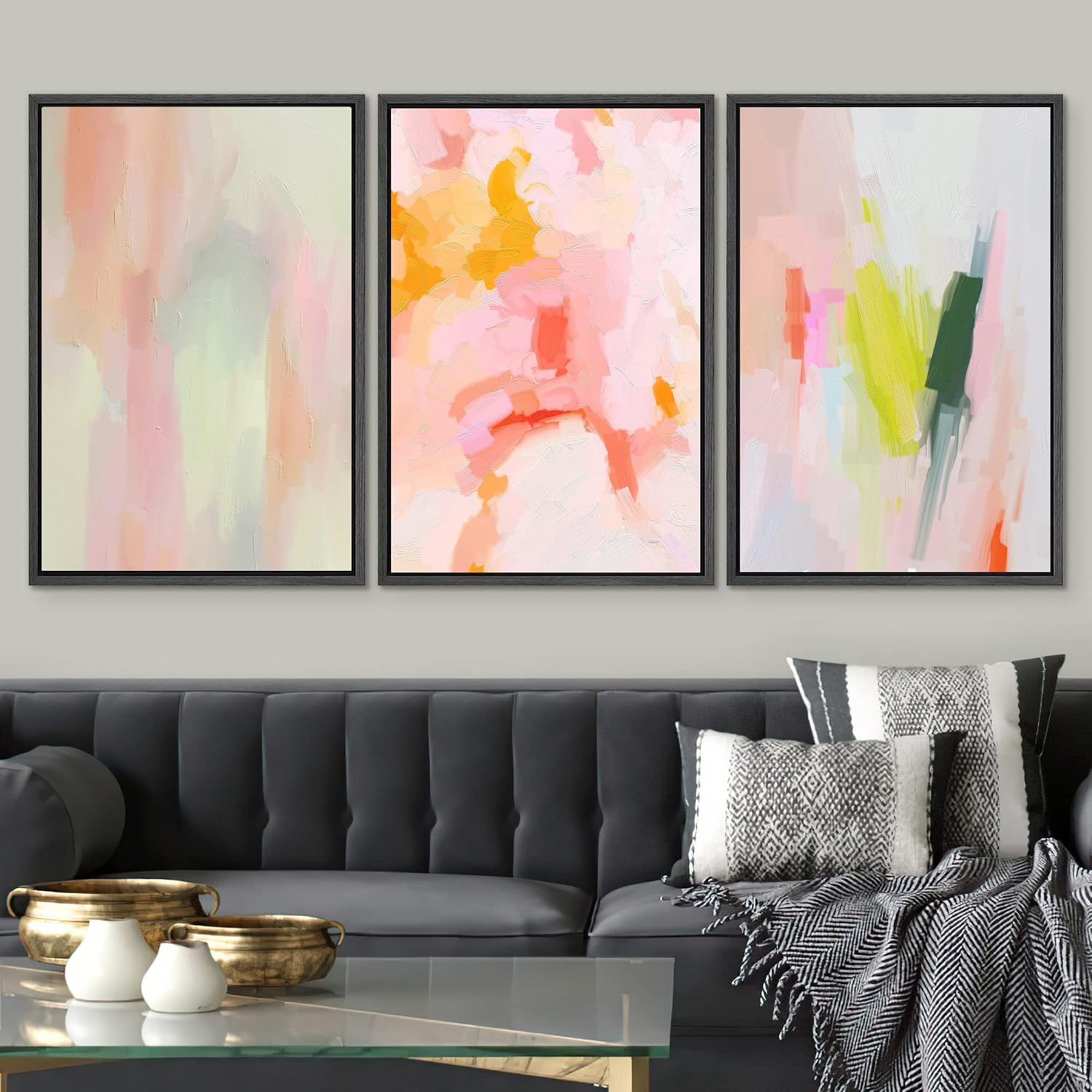 SIGNWIN Framed Canvas Print Wall Art Set Vibrant Pastel Watercolor Paint Stroke Shapes Abstract Illustrations Modern Art Decorative Nordic Calm/Zen for Living Room, Bedroom, Office - 16'x24'x3 Black
