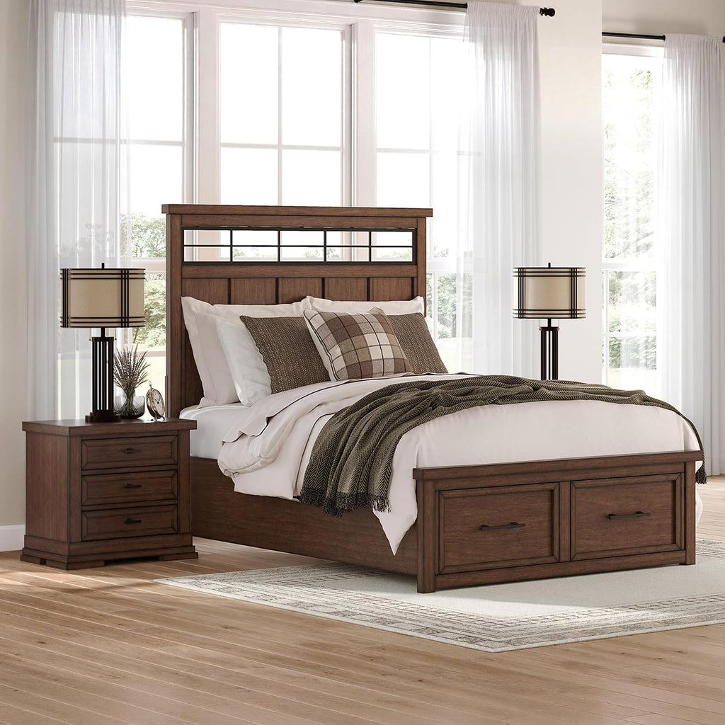Signature Design by Ashley Taffenbrook Queen Bed Frame with Headboard, 2-Drawer Storage Platform Bed, Hardwood Solids, Mango Wood Veneer, MDF, Rich Brown Finish