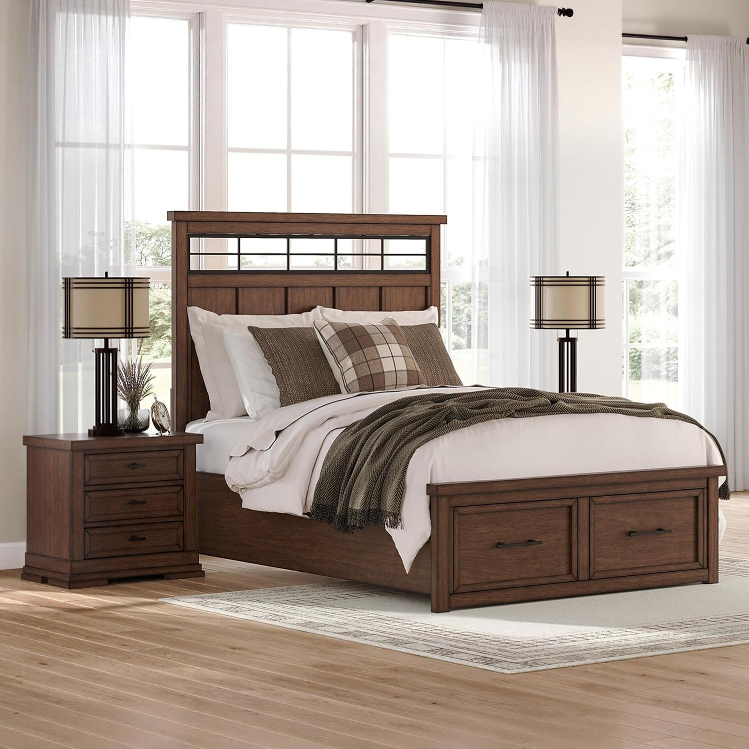 Signature Design by Ashley Taffenbrook Queen Bed Frame with Headboard, 2-Drawer Storage Platform Bed, Hardwood Solids, Mango Wood Veneer, MDF, Rich Brown Finish