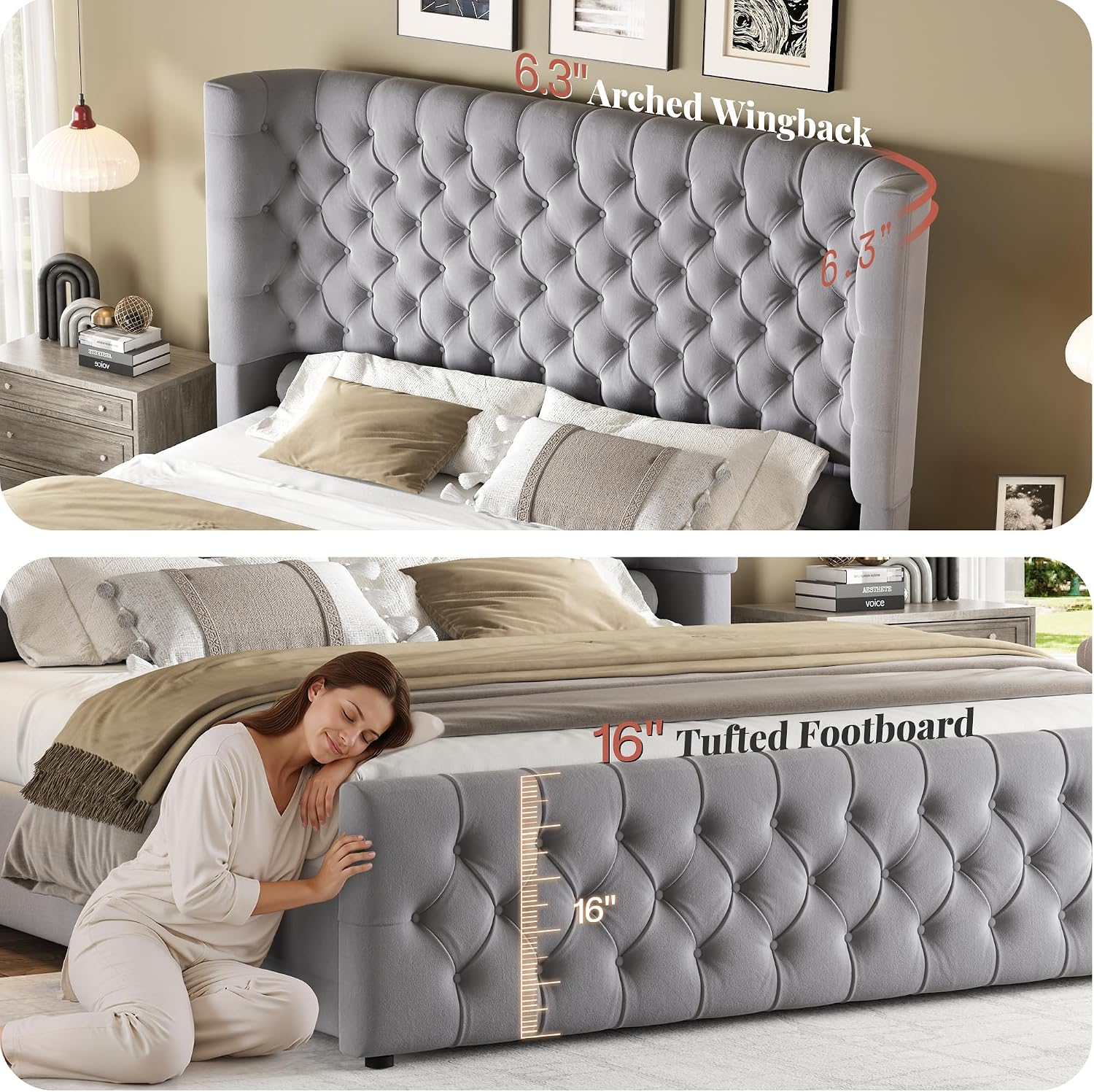 Jocisland California King Size Platform Bed Frame, 6.3' Thick Upholstered Curved Wingback Headboard and Footboard with Deep Button Tufted, No Box Spring Needed, Easy Assembly, Light Grey Velvet