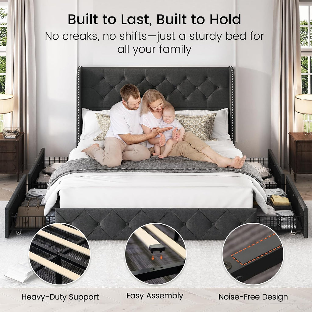LARMACE Upholstered Queen Size Bed Frame with 4 Storage Drawers and 47.2' Tall Wingback Headboard Tufted Platform Bed Frame Linen Beds with Wooden Slats Support, Easy Assembly, Dark Grey