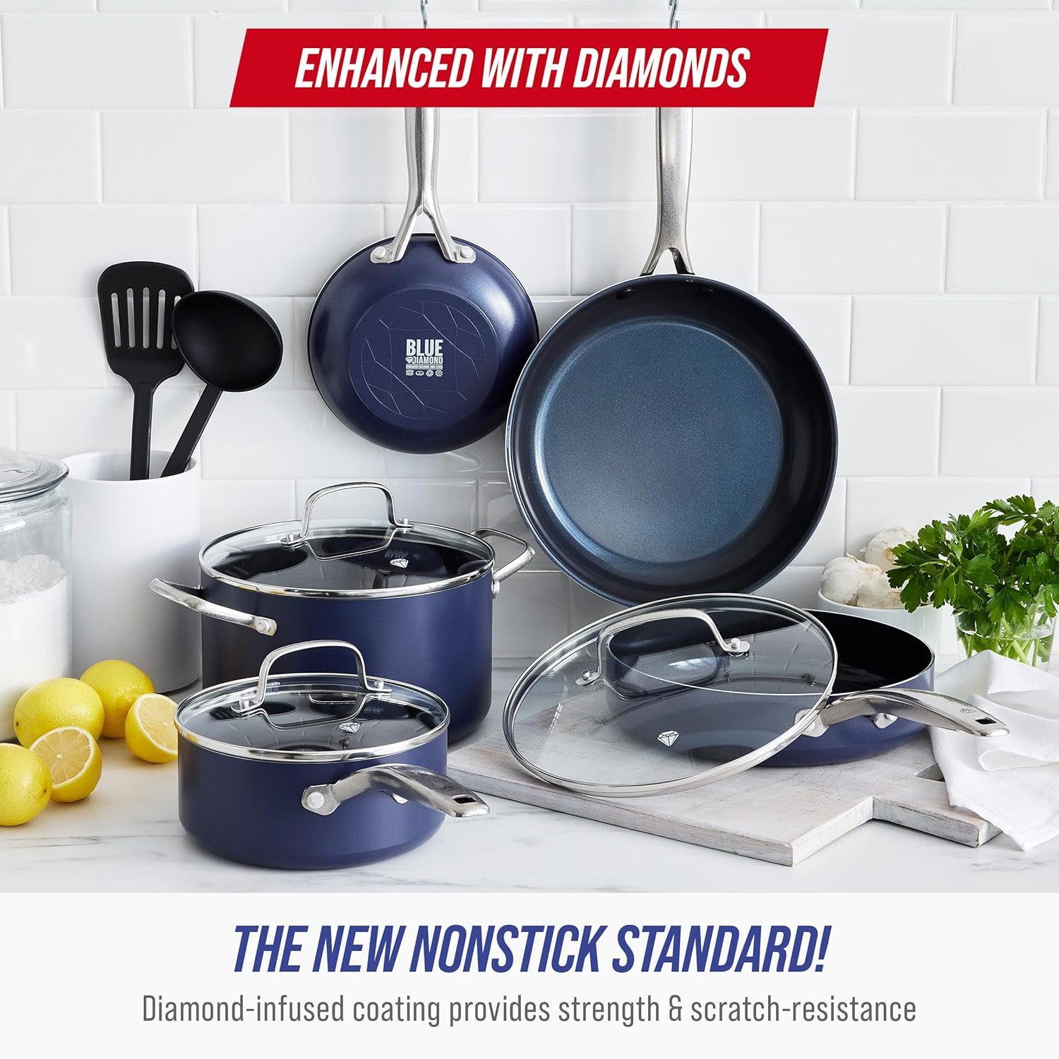 Blue Diamond 10 Piece Nonstick Cookware Set, Diamond Ceramic Pots & Pans, Dishwasher & Metal Utensil Safe, Non Toxic PFAS-Free, Kitchen Cooking Sauce & Saute Pans, Oven & Broiler to 600F, Blue