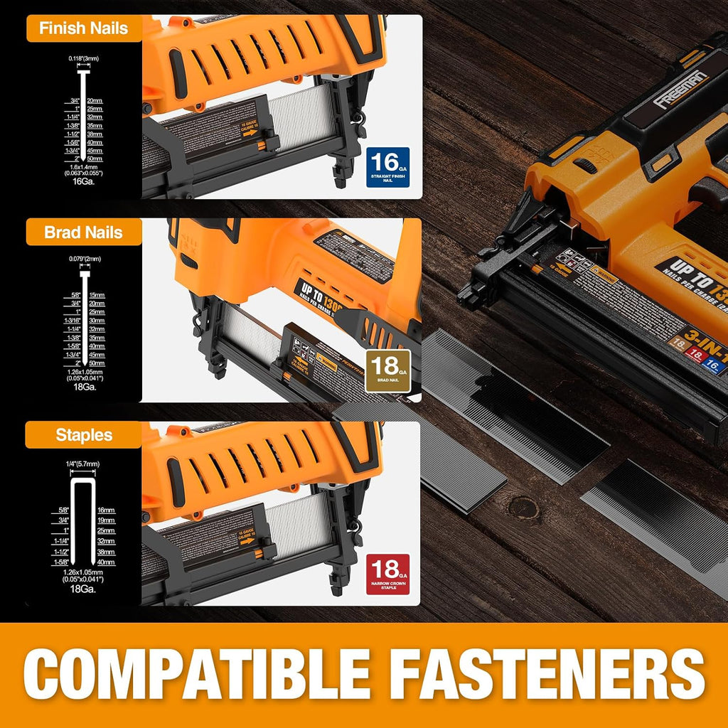 Freeman PE20V31618G 20 Volt Cordless 3-in-1 16 and 18 Gauge Nailer/Stapler Kit with Lithium Ion Battery, Charger, Bag, and Fasteners (600 Count) – 1300 Shots Per Charge