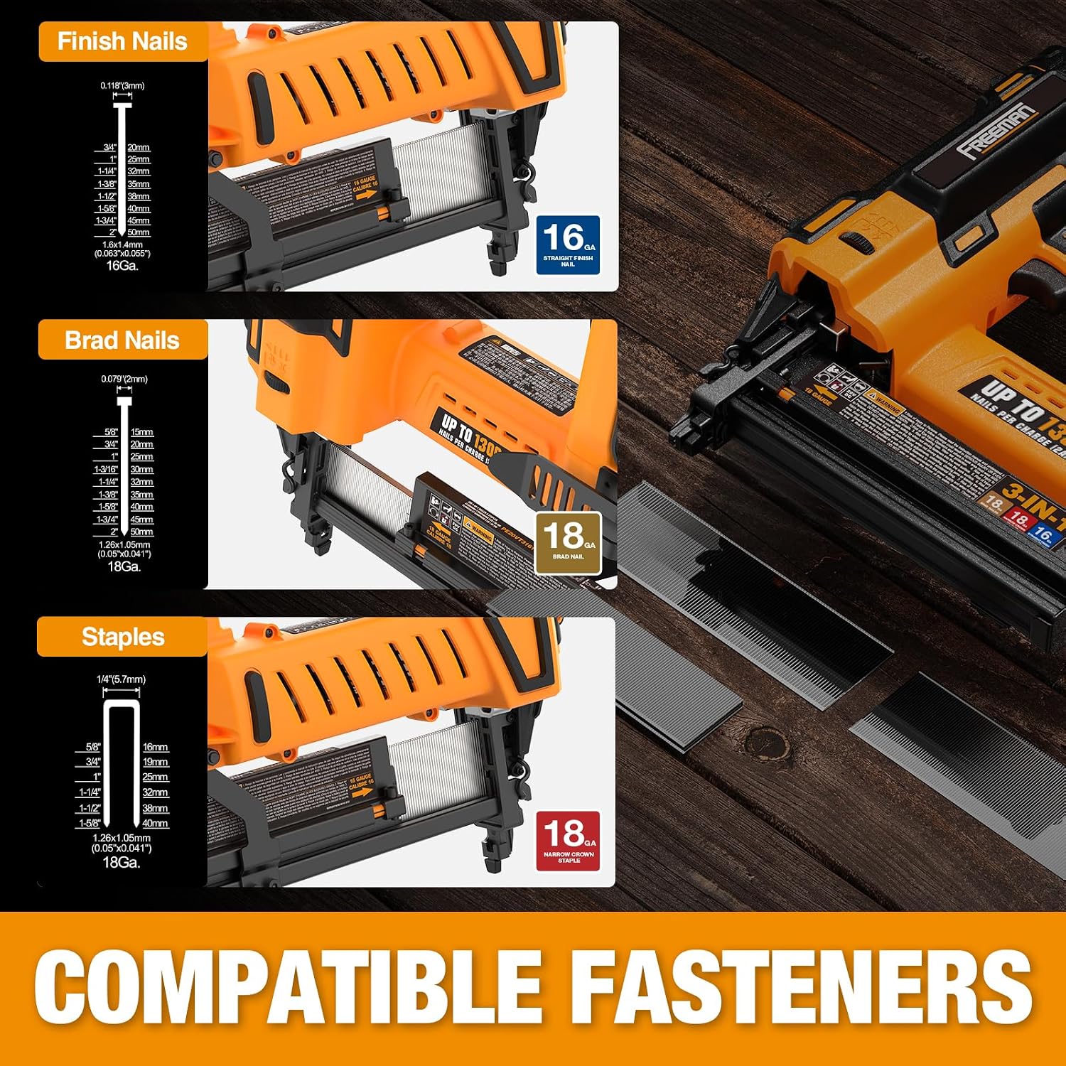 Freeman PE20V31618G 20 Volt Cordless 3-in-1 16 and 18 Gauge Nailer/Stapler Kit with Lithium Ion Battery, Charger, Bag, and Fasteners (600 Count) – 1300 Shots Per Charge
