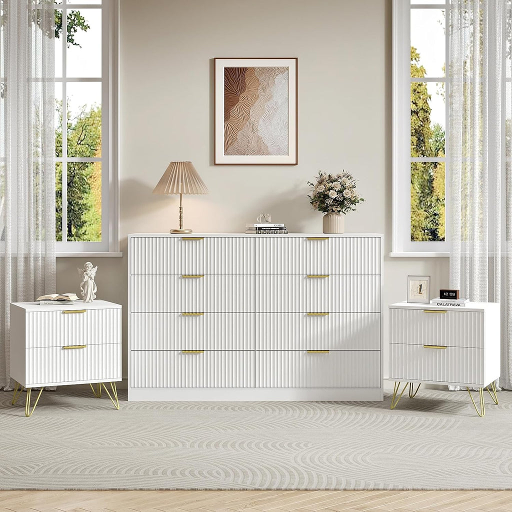 8 Drawer Dresser and Nightstand Sets for Bedroom, 3 Pcs Bedroom Set，Night Stand Set of 2 & 8 Drawer Dresser with Gold Handles, Modern Wood Chest of Drawers Storage Cabinet Set, White