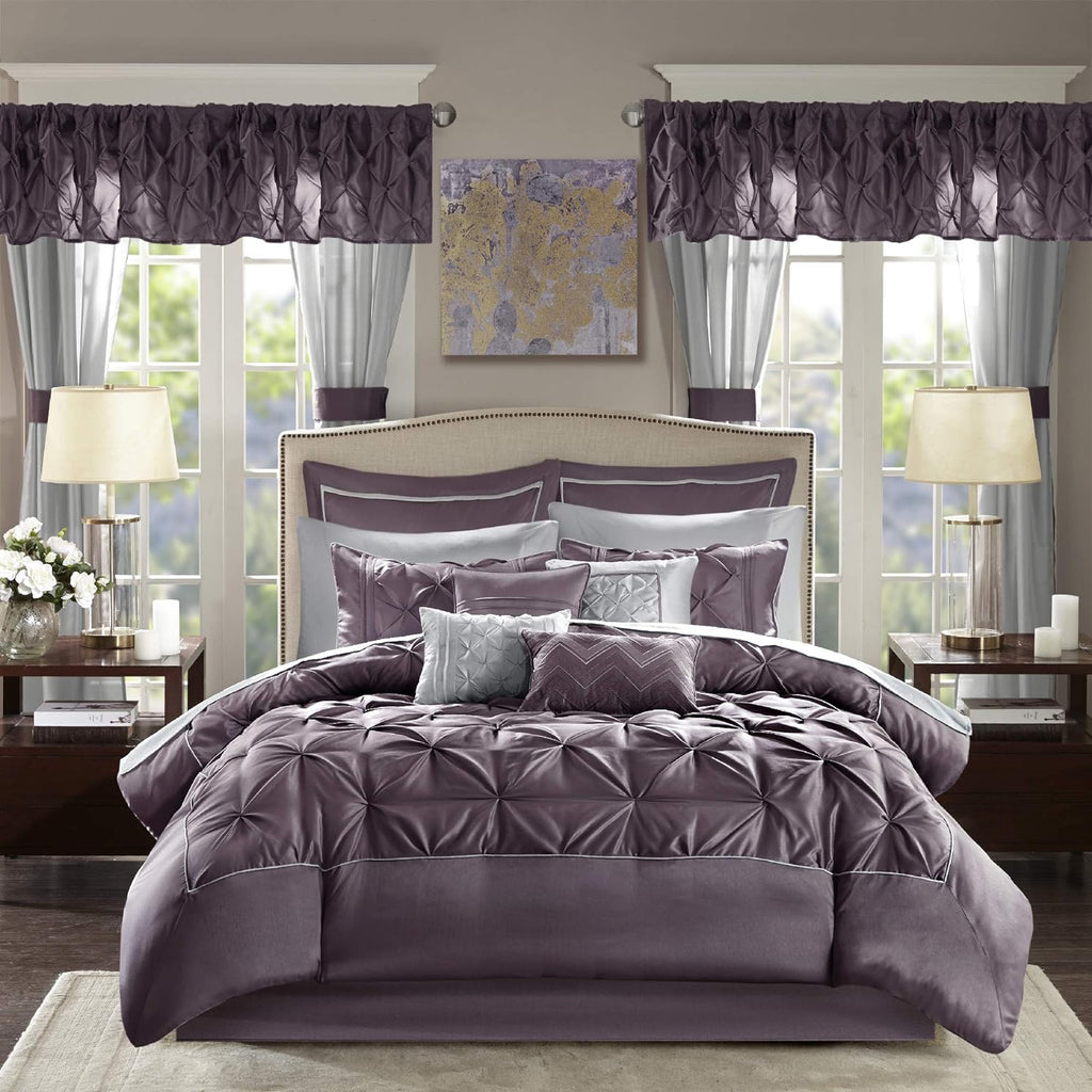 Madison Park Essentials Queen Comforter Set, 24 Piece Bedding With Matching Curtains, Decorative Pillows, Luxe Diamond Tufting , Room in a Bag Joella Collection, Plum Queen