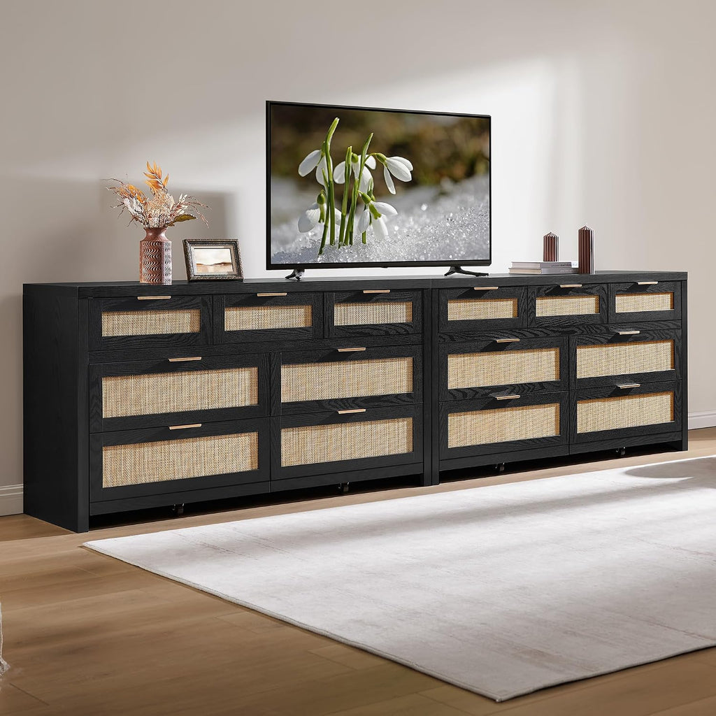 SICOTAS 7 Drawer Dressers for Bedroom Set 2, Long Rattan Dresser, Dresser TV Stand, Closet Organizer Chest of Drawers, Clothes Storage Dressers (Black Oak, 7 Drawers (2 pcs))