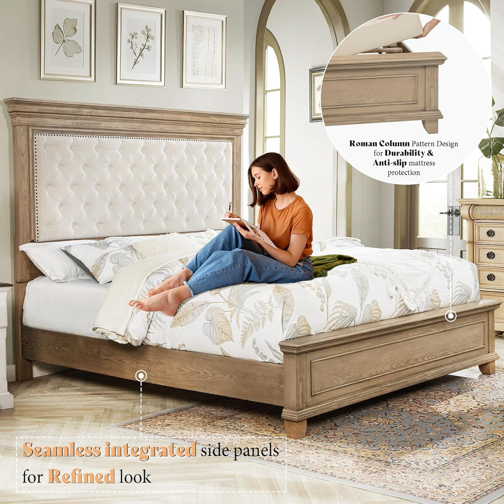 AMERLIFE 68 in Tall King Size Bed Frame with Upholstered Headboard, Solid Wood Farmhouse Platform Bed, Bohemian Tufted Wooden Panel Design, No Box Spring Needed, Light Oak
