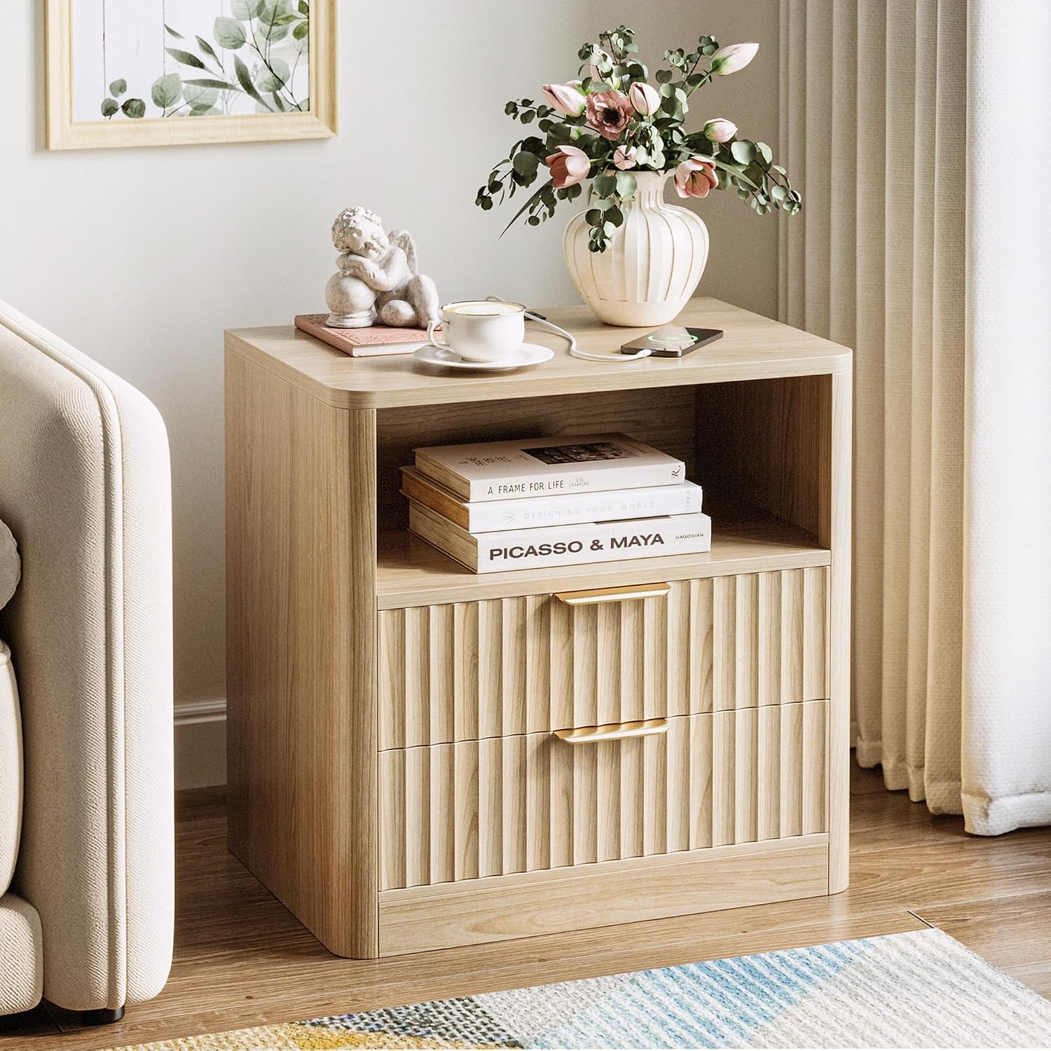 IRONCK Fluted Night Stand Set of 2, Modern Nightstand with Charging Station, Drawers and Open Shelves - Bedside Table Wood Side Table Set for Bedroom, Oak
