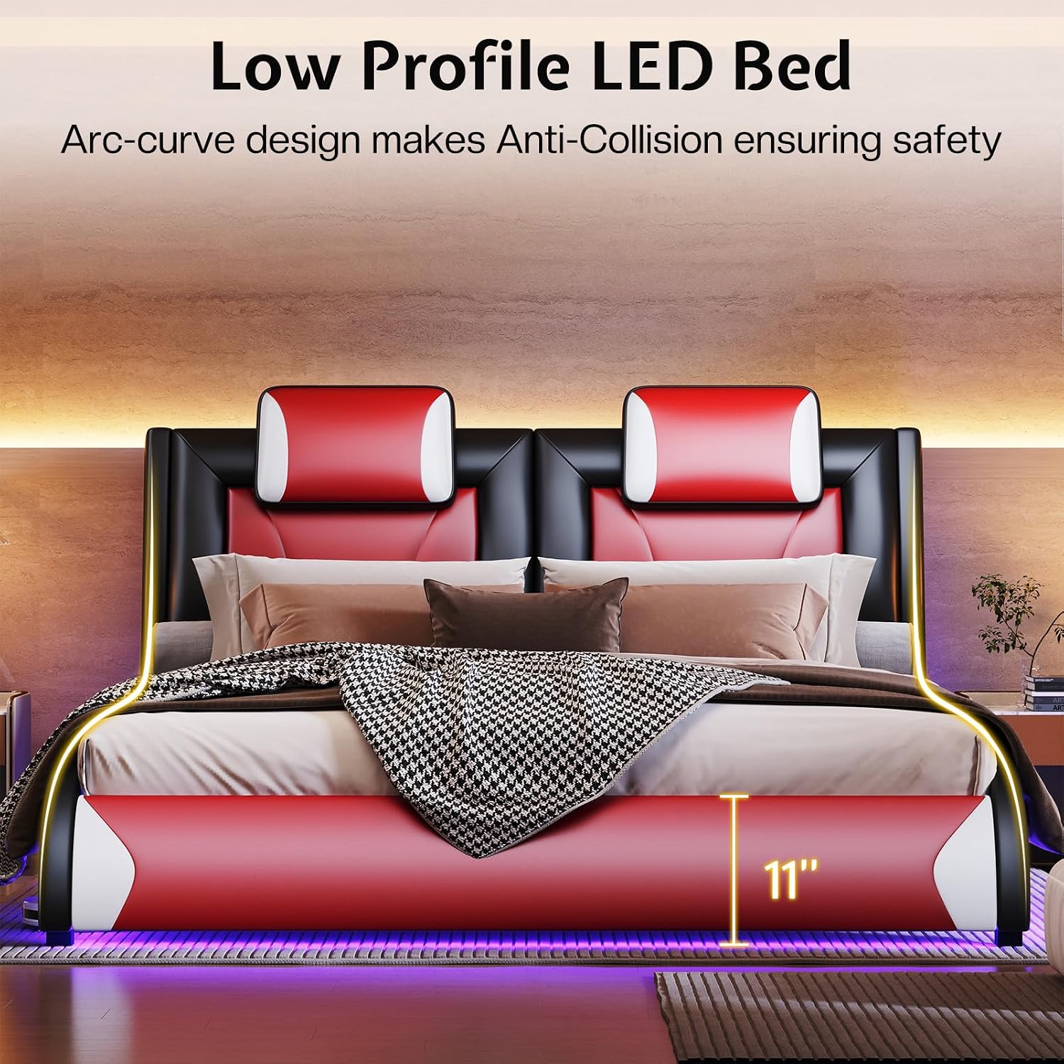 Jocisland LED Full Size Bed Frame, Modern Faux Leather Upholstered Platform Bed Frames with Headrest Headboard, Low Profile Beds with Wave-Like Curve Design, No Box Spring Needed, Easy Assembly, Red