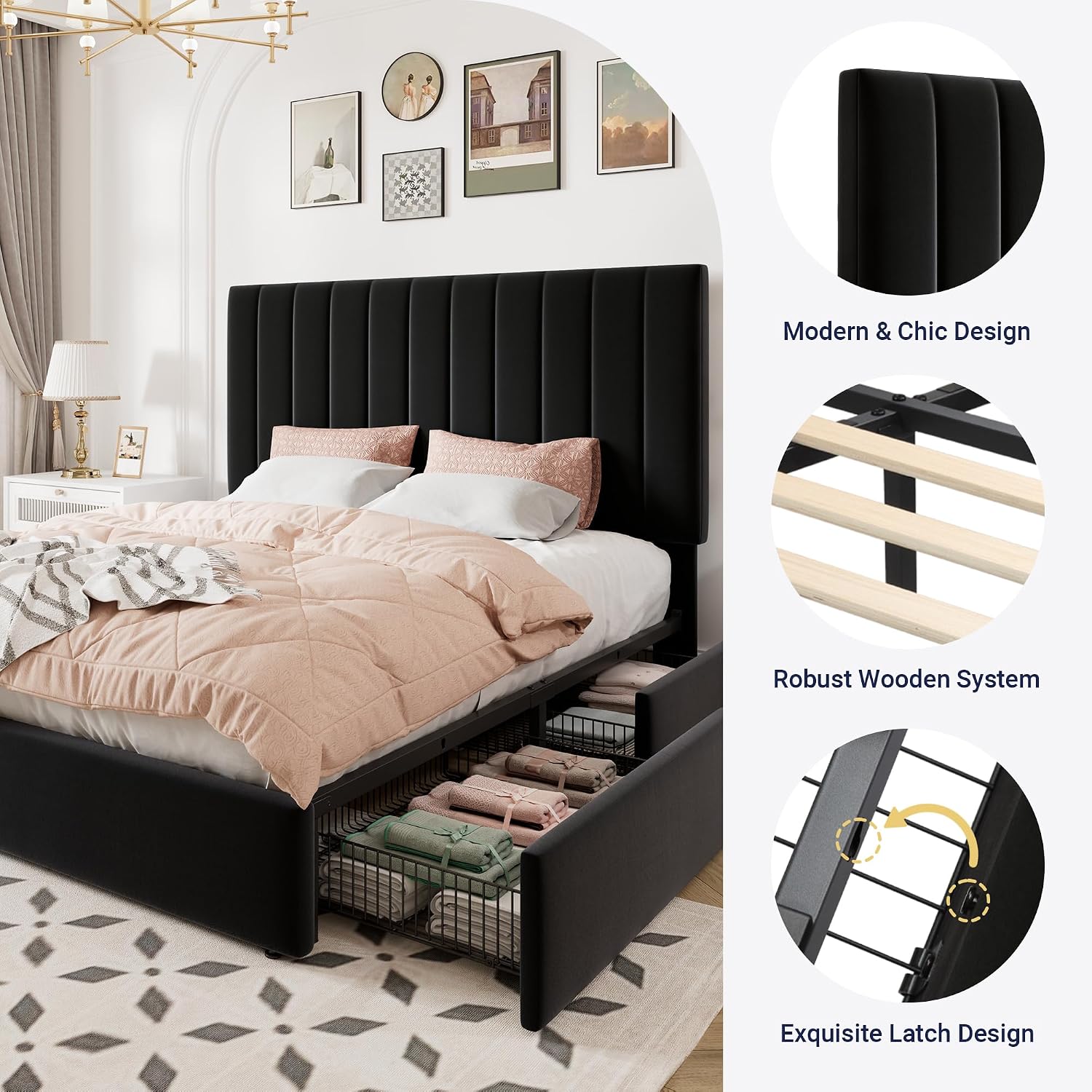 Allewie Queen Size Storage Bed Frame, Vertical Channel Tufted Adjustable Headboard, Velvet Upholstered Platform Bed with 4 Oversized Underbed Drawers, Wooden Slats Support, No Box Spring Needed, Black
