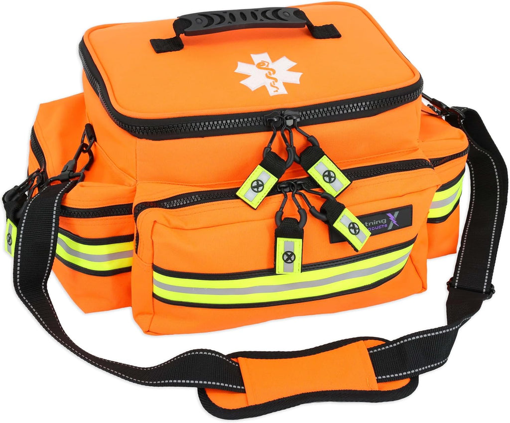 Lightning X Mid-Sized First Responder EMT Bag | LXMB25 | Fully Stocked w/ 248+ First Aid Supplies + Trauma Pak w/C.A.T. Tourniquet & QuikClot - Orange