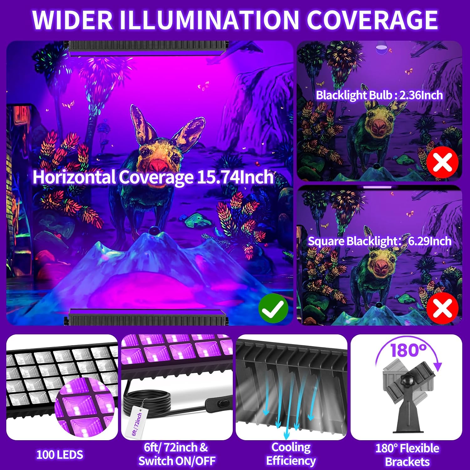 6 Pack 120W LED Black Lights, Blacklight Bar Light Up to 5000ft² Area with Switch+Plug+6ft Cable, Glow Party Light Supply for Halloween, Fluorescent Poster, Body Paint, Birthday, Bedroom, Classroom