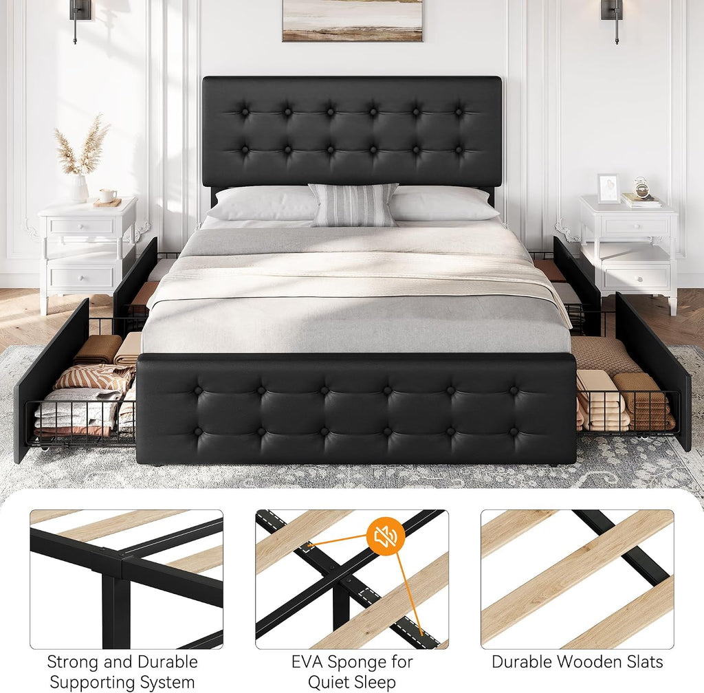 IDEALHOUSE Full Size Bed Frame with 4 Storage Drawers and Headboard, Faux Leather Upholstered Platform Bed Frame with Wooden Slats Support, Button Tufted Design, No Box Spring Needed, Black