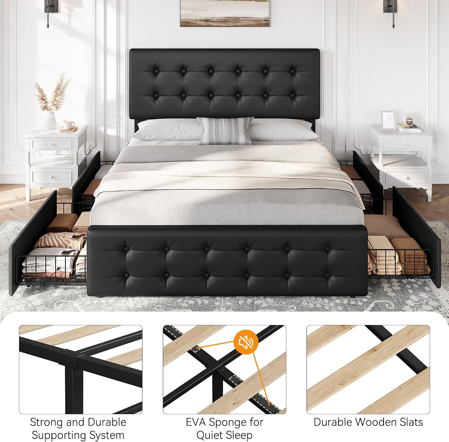 IDEALHOUSE Full Size Bed Frame with 4 Storage Drawers and Headboard, Faux Leather Upholstered Platform Bed Frame with Wooden Slats Support, Button Tufted Design, No Box Spring Needed, Black