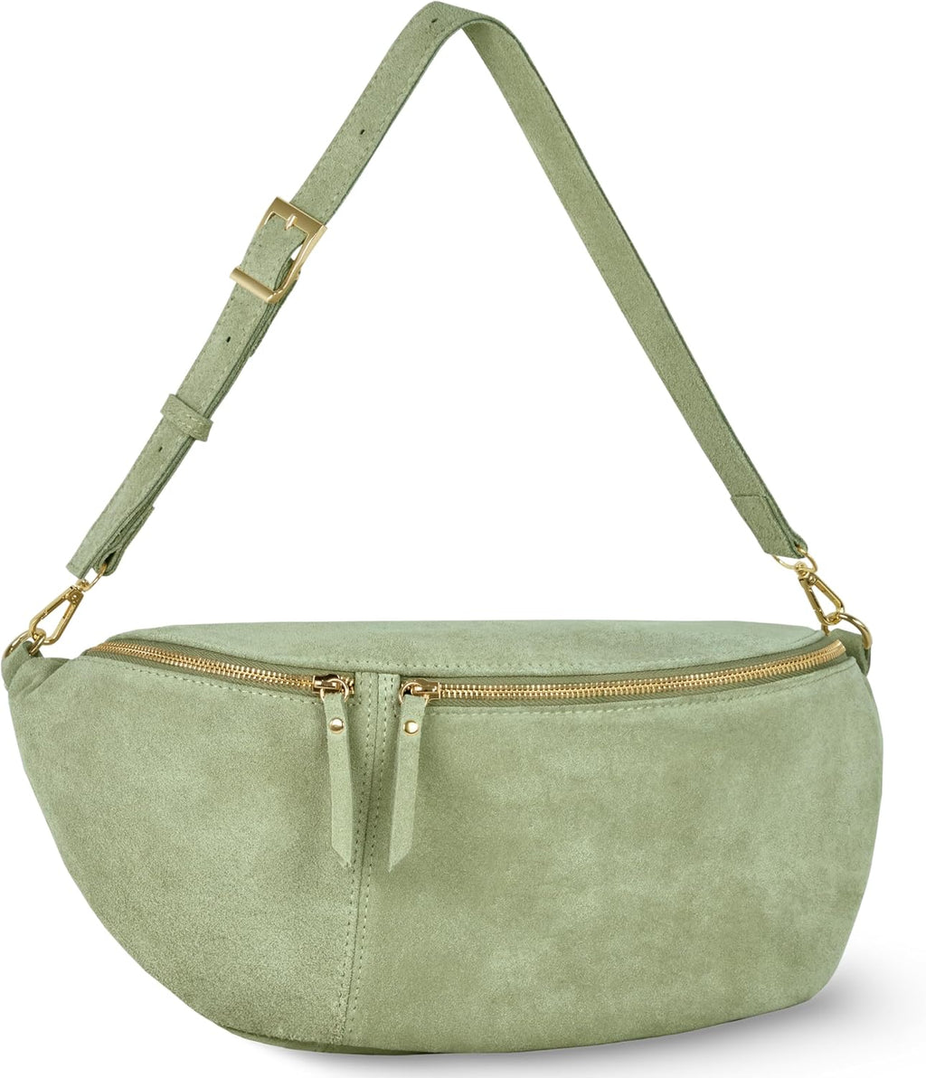 Italian Genuine Suede Crossbody Bag for Women with Zipper & Detachable Strap | Large Travel Chest Sling Fanny Pack (Moss)