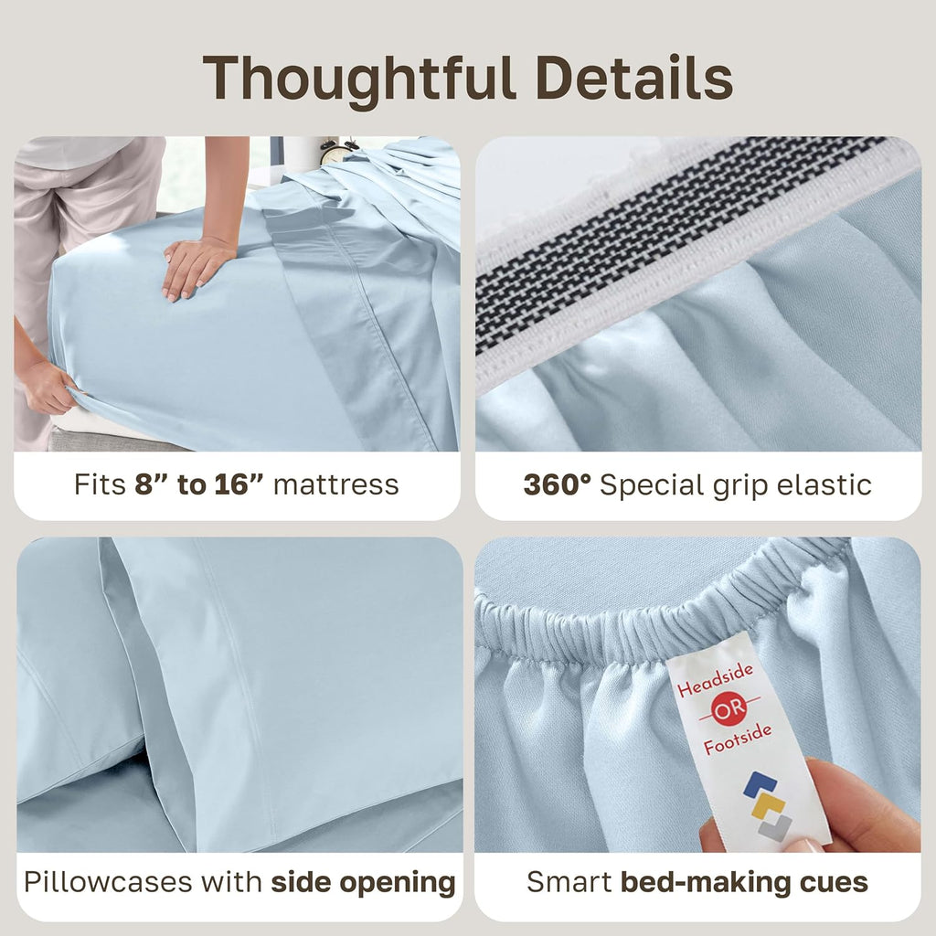 California Design Den King Sheet Set - Luxury 800 Thread Count Sateen, Natural 100% Cotton King Size Sheets Deep Pocket Set for a Snug Fit, Durable Bedding - Blue (Grey Tone)