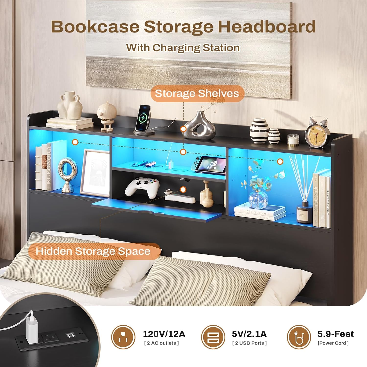 DICTAC Full Floating Bed Frame with LED Lights and Storage Headboard, Visual Floating Bed with Charing Station, Full Size Metal Platform Bed with Stable Structure, No Box Spring Need, Easy Assembly