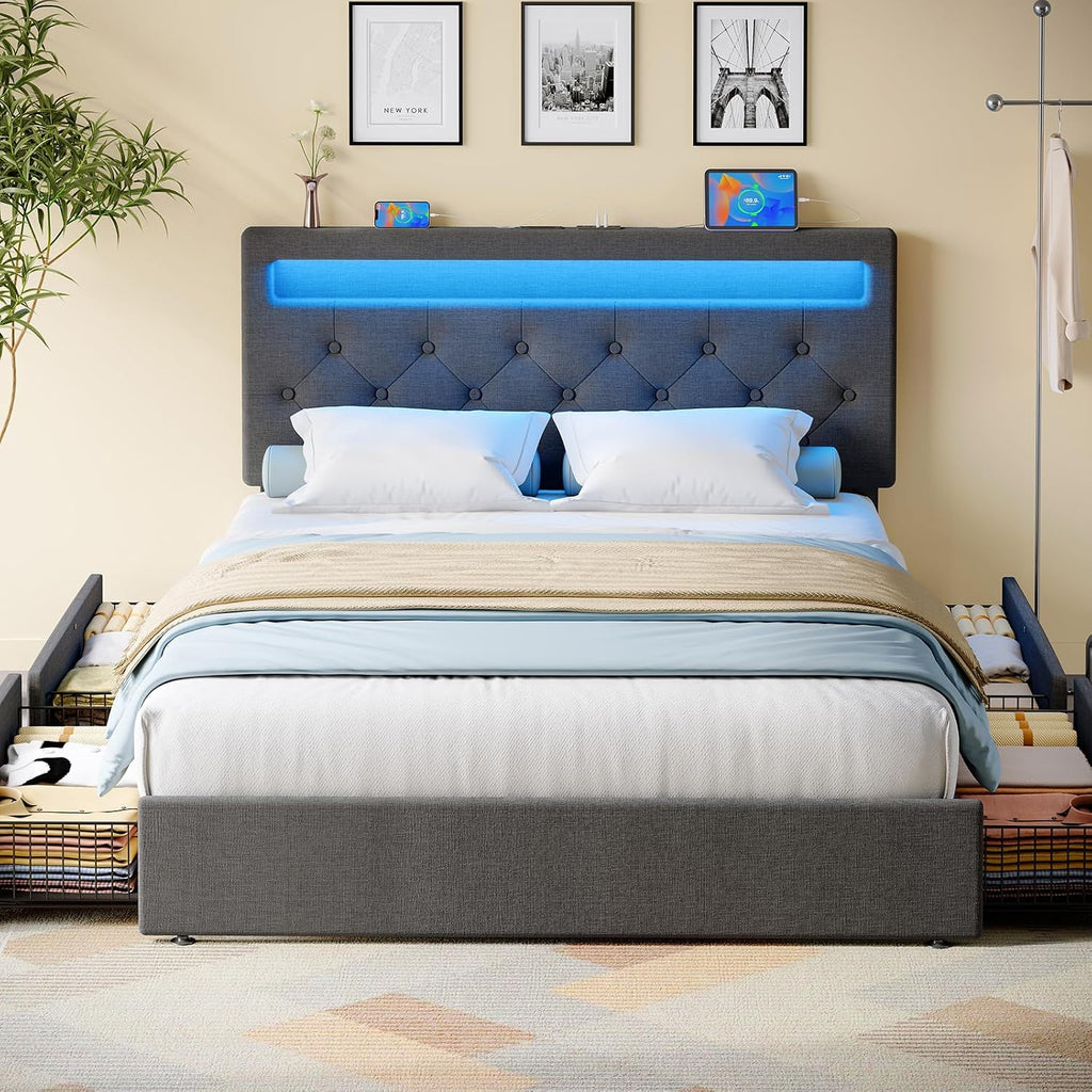 Rolanstar Queen Bed Frame with 4 Storage Drawers and Charging Station, Queen Bed with Led Lights, 2 USB & 1 Type C, Adjustable Headboard 38.9/40.9 Inches, No Box Spring Needed, Grey