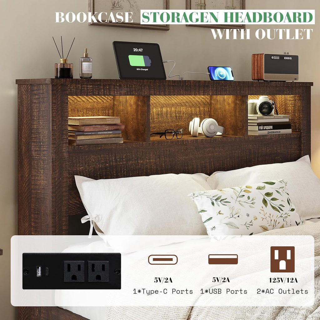 Albott Farmhouse Full Size Bed Frame with Storage/Bookcase Headboard & Footboard, Wood Platform Bed with LED Lights/Charging Station, Heavy-Duty Metal Support/No Box Spring Needed/Noise-Free, Brown