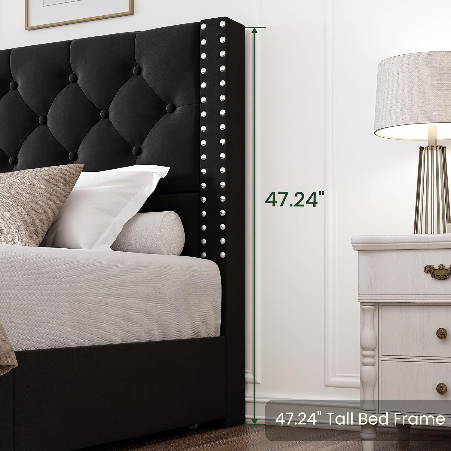LARMACE Queen Size Platform Bed Frame with 4 Storage Drawers and Tufted Headboard Upholstered Bed Frame with Heavy Duty Wood Slats, No Box Spring Needed, Easy Assembly, Black