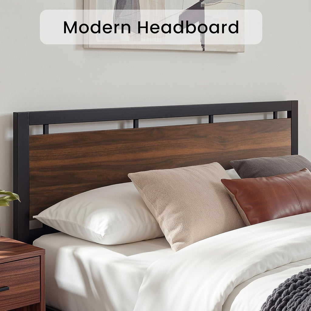 LIKIMIO King Bed Frame with Headboard and Footboard, Metal Strong Supports, Easy Assembly, Noise-Free, No Box Spring Needed, Dark Walnut