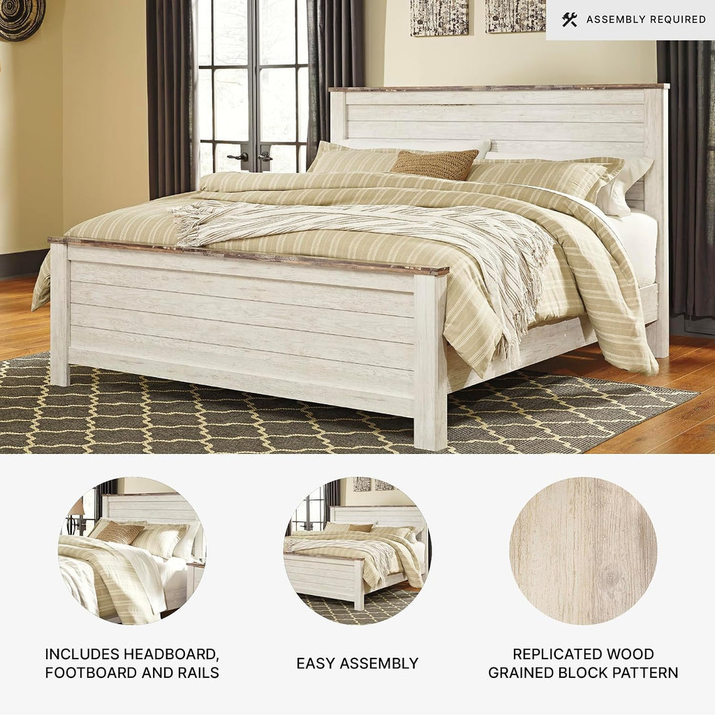 Signature Design by Ashley Willowton Shabby Chic Queen Panel Bed with Metal Slats, Foundation or Box Spring Needed, Whitewash