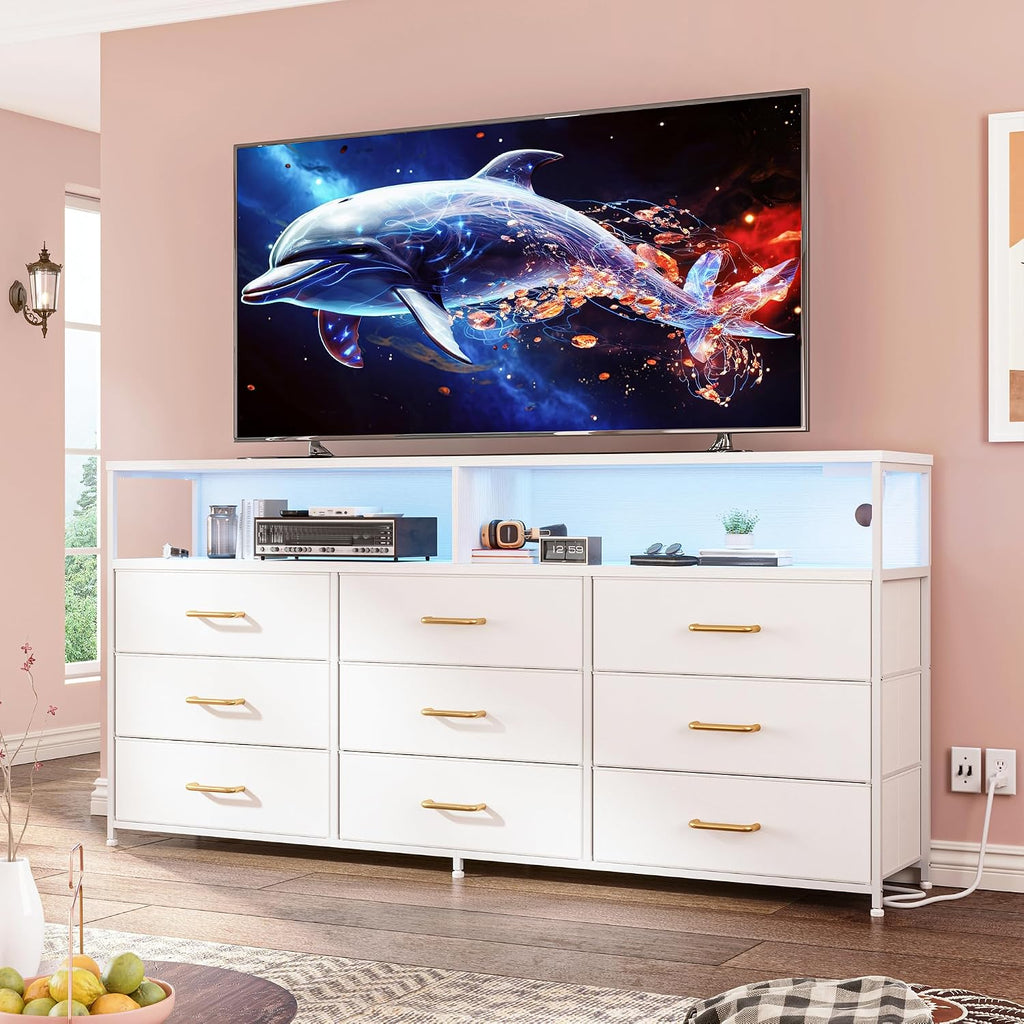 EnHomee 55' W White Dresser for Bedroom with Charging Station & LED Light, 65 Inch TV Stand with 9 Fabric Drawers, Sturdy Dressers & Chest of Drawers with 2 Wood Open Shelves,55.12' Wx11.81 Dx35.43 H
